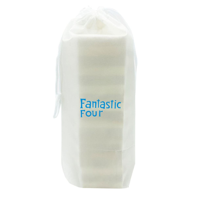 A white pouch containing a stacking puzzle set, featuring a logo. The pouch has a drawstring closure.