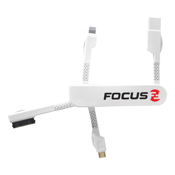 A white fast charging cable featuring multiple connectors and a branded logo.