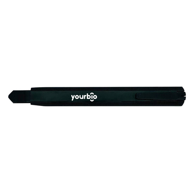 A slimline retractable box cutter in black with a logo. It features a compact design for easy storage.