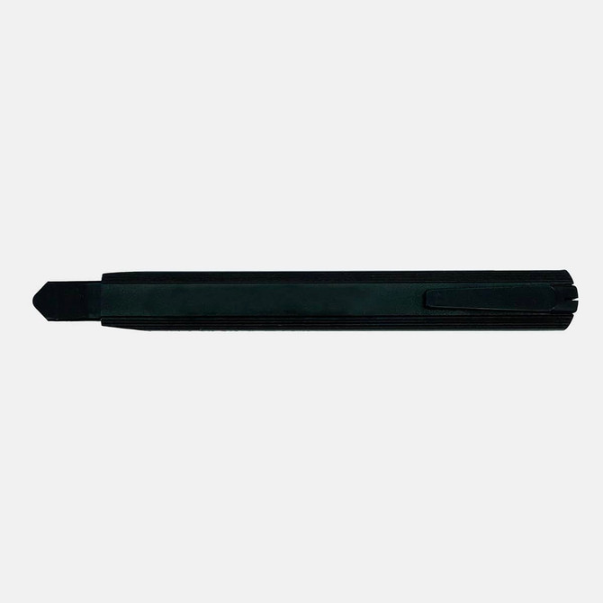 A slimline black retractable box cutter with a clip for easy attachment, featuring a sleek design and branding.