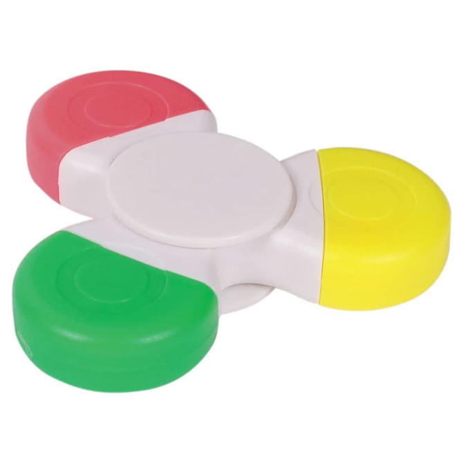 A highlighter with a fidget spinner design, featuring red, yellow, green, and white sections. It has a logo on it.