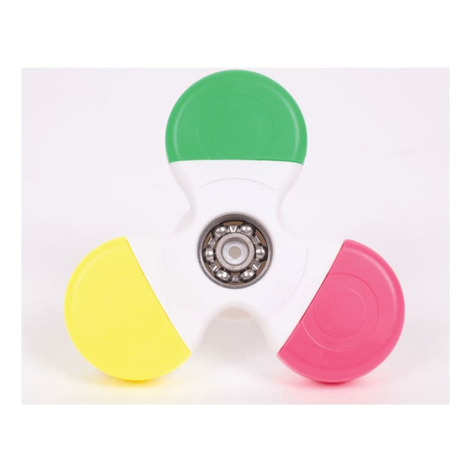 A Fiddle Spinner Highlighter featuring green, yellow, pink, and white segments with a central spinner mechanism.