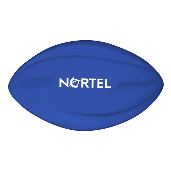 A blue football featuring a logo, with a smooth, rounded design ideal for promotional use.