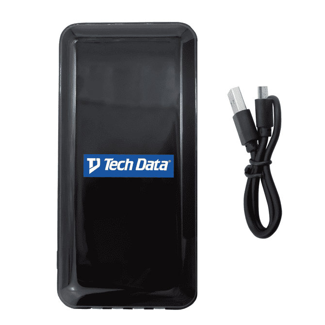 A black power bank (10,000 mAh) accompanied by a USB charging cable, featuring a logo.