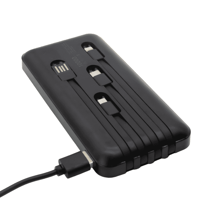 A black power bank with three charging ports, featuring a sleek design and an attached USB charging cable.