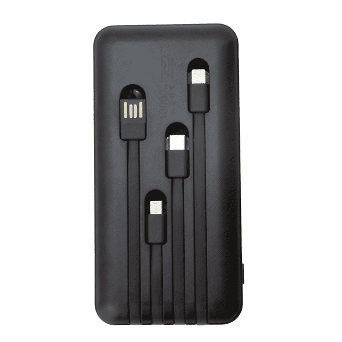A black power bank with built-in cables for charging devices, featuring a logo on the surface.