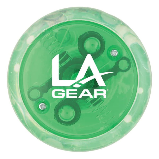 A green LED light-up yo-yo with a clear outer casing and a logo on the surface.