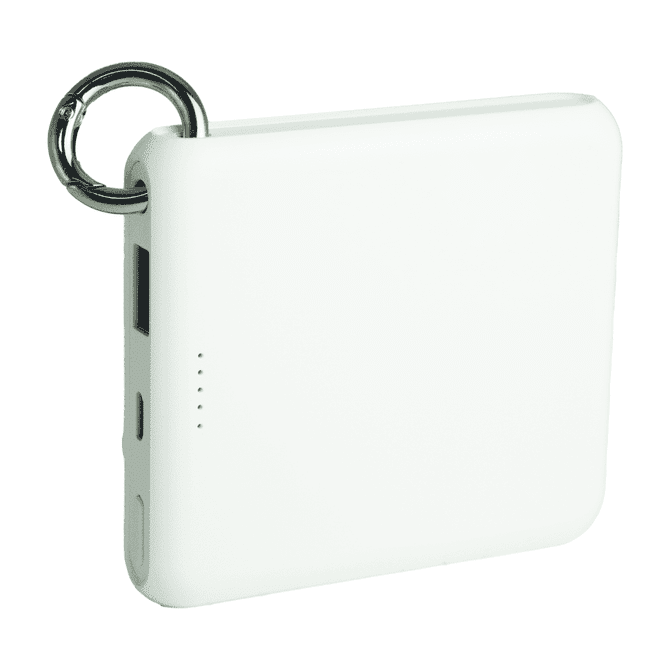 A white power bank with a ring attachment, featuring a USB port and indicator lights.
