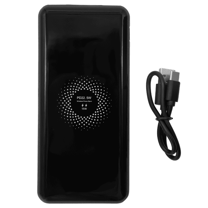 A black power bank with a glossy finish, accompanied by a charging cable. It has a logo in the centre.