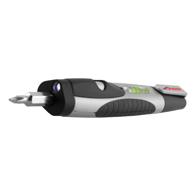 A flashlight tool kit with a level, featuring a silver and black design with a screwdriver tip and built-in light.