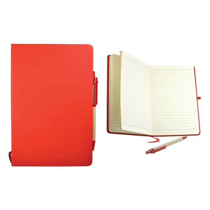 A red recycled notebook with a pen, featuring lined pages and a secure closure. Includes a brand logo on the cover.