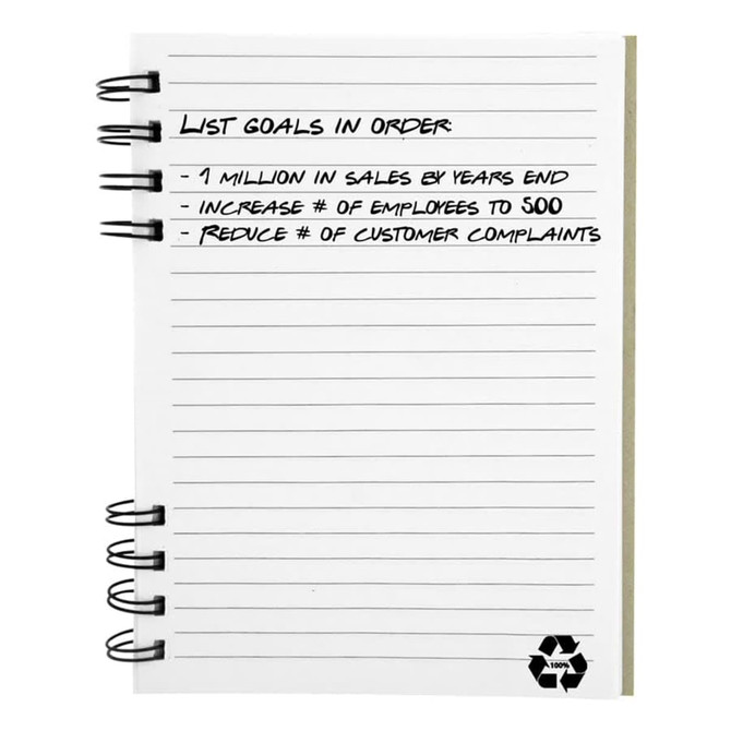 A recycled journal book with a spiral binding and lined pages, featuring a small recycling symbol.