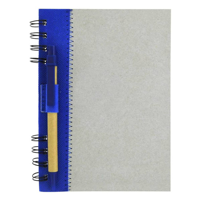A recycled journal book with a blue cover, spiral binding, and a pen attached to the side.