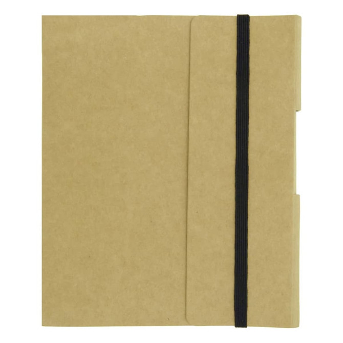 A small, kraft paper journal with a black elastic band closure and a side pocket for storage.