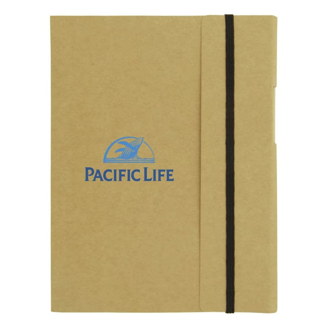 A large A5 journal book in a brown cover with an elastic band closure, featuring a logo.