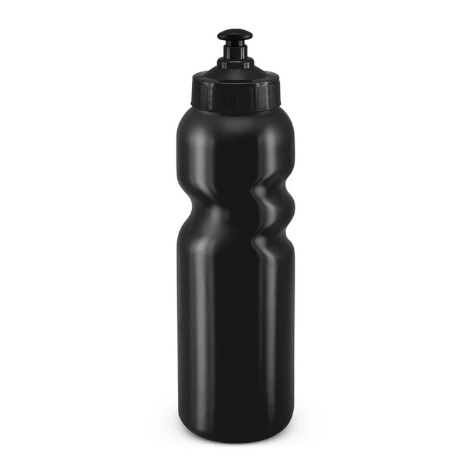 A drink bottle in a sleek black design with a contoured shape and a push-pull lid, perfect for hydration on the go.