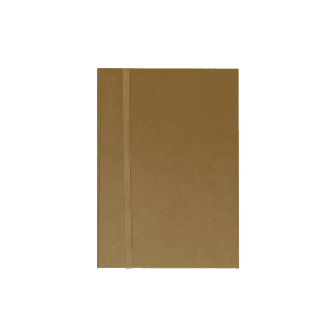 A brown A5 notepad with a simple design and an elastic band closure. It has a logo on the cover.