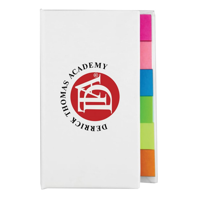 A white book with a logo on the cover and colourful sticky note tabs in pink, green, and orange.