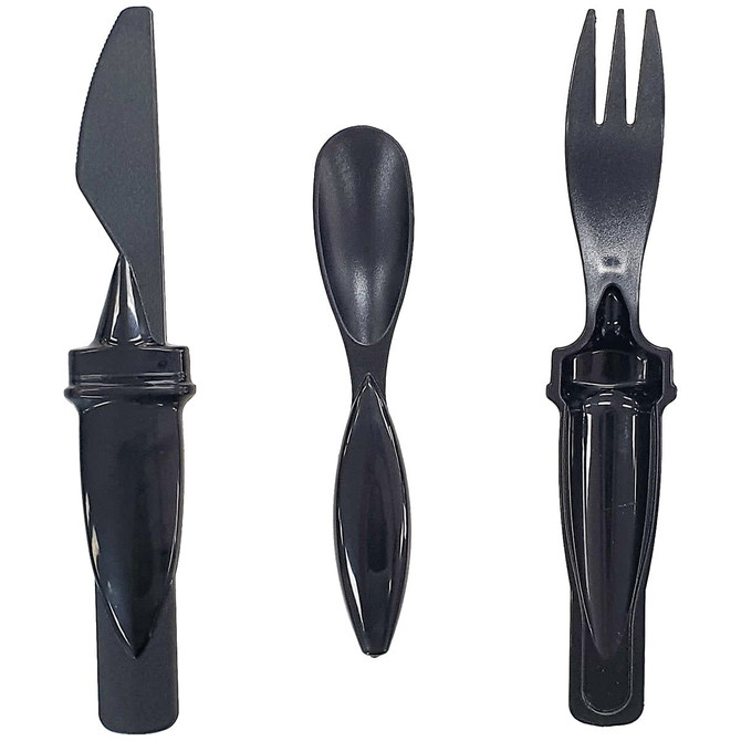 A black cutlery set featuring a knife, spoon, and fork, each with a sleek design and a handle.
