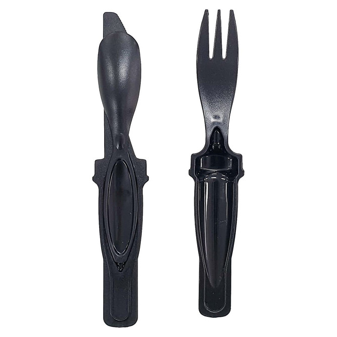 A black cutlery set featuring a fork and spoon, with a compact design and a holder for easy transport.