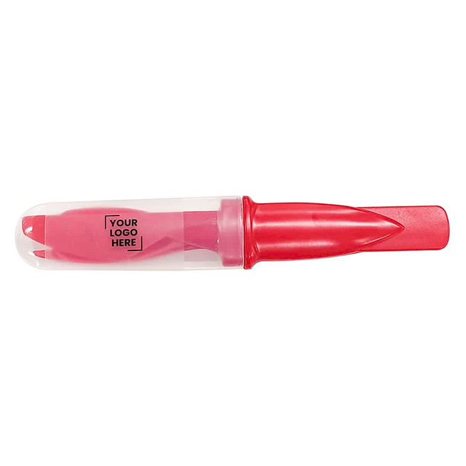 A promotional product, the Slice Set, features a transparent case with a brown marker inside. It has a logo on the casing.