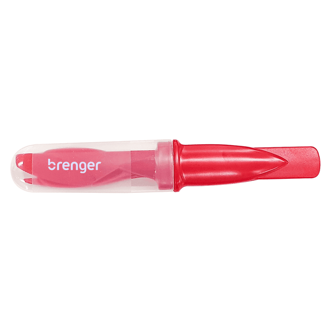 A red highlighter in a clear casing with a red cap, featuring a logo on the side.