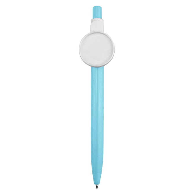 A turquoise plastic pen featuring a circular white button badge at the top. It includes a branding logo.