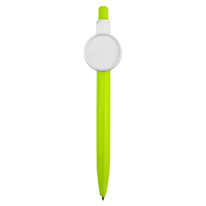 A bright green plastic pen with a circular white badge at the top and a black writing tip.