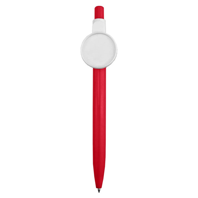 A red plastic pen with a white button badge at the top and a black writing tip.