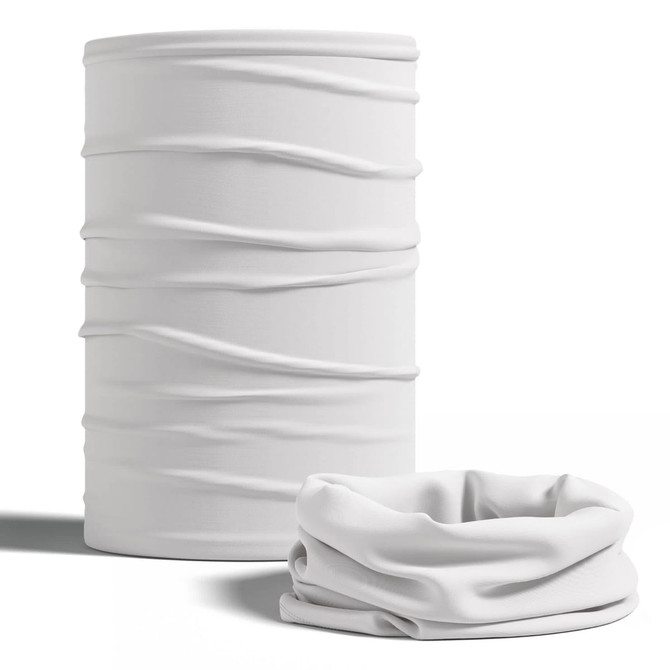 A white tubular bandana displayed upright and in a folded position, featuring a textured design and a logo.