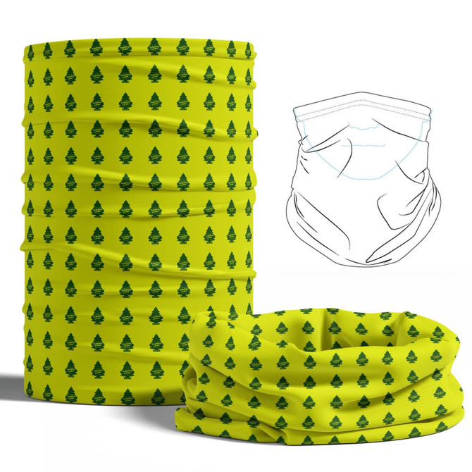 A yellow tubular bandana with green tree patterns, displayed in a stacked and laid-out position.