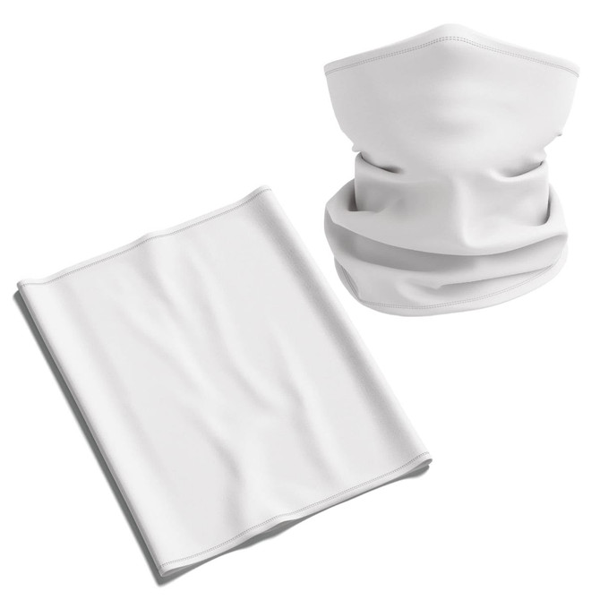 A white Coolmax bandana displayed flat alongside a styled neck gaiter, both featuring a logo.