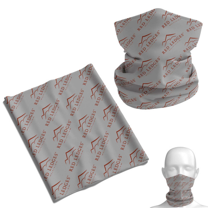 A Coolmax bandana for kids in grey with a repeating logo pattern, displayed flat and worn as a neckpiece.