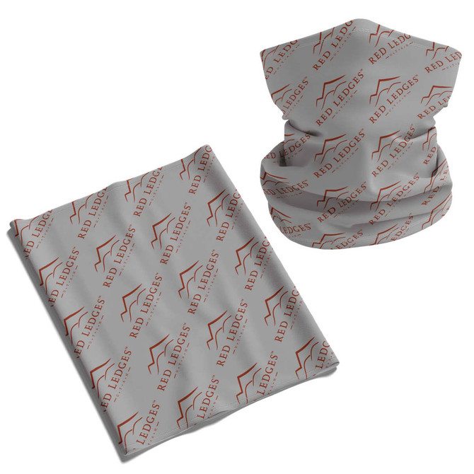 A Coolmax bandana in light grey with a repeating red logo pattern, displayed as a flat piece and wrapped.