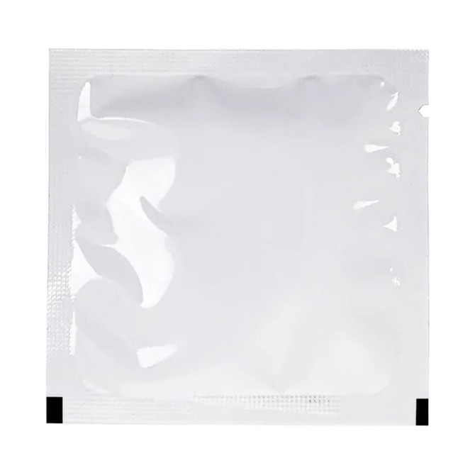 A white sealed packet containing a single wet wipe, with a simple design and no visible branding.