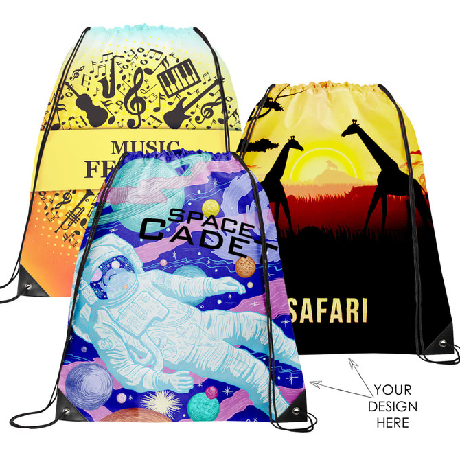 Three drawstring bags in vibrant designs: one features music notes, another depicts giraffes at sunset, and the last has an astronaut theme. Each bag has a logo.