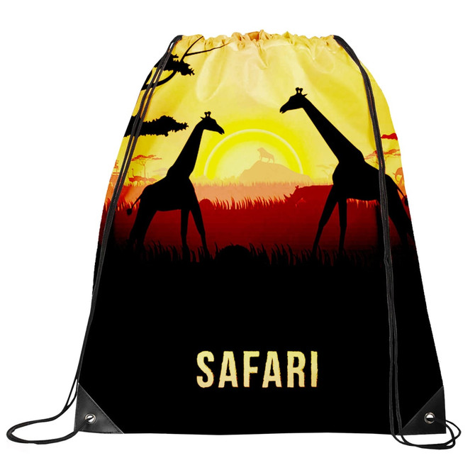 A drawstring backsack featuring a sunset scene with giraffes and the word "SAFARI" at the bottom, in vibrant colours.