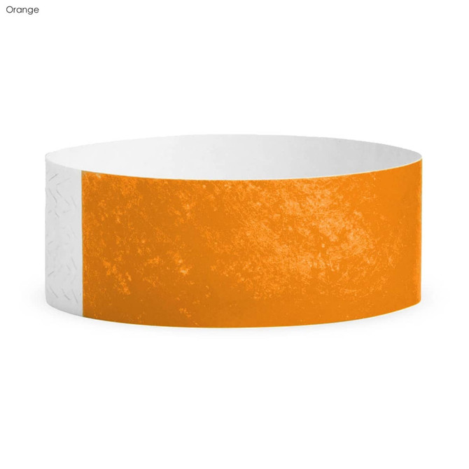 An orange Tyvek adult wristband with a textured finish and white section, designed for events and exhibitions.
