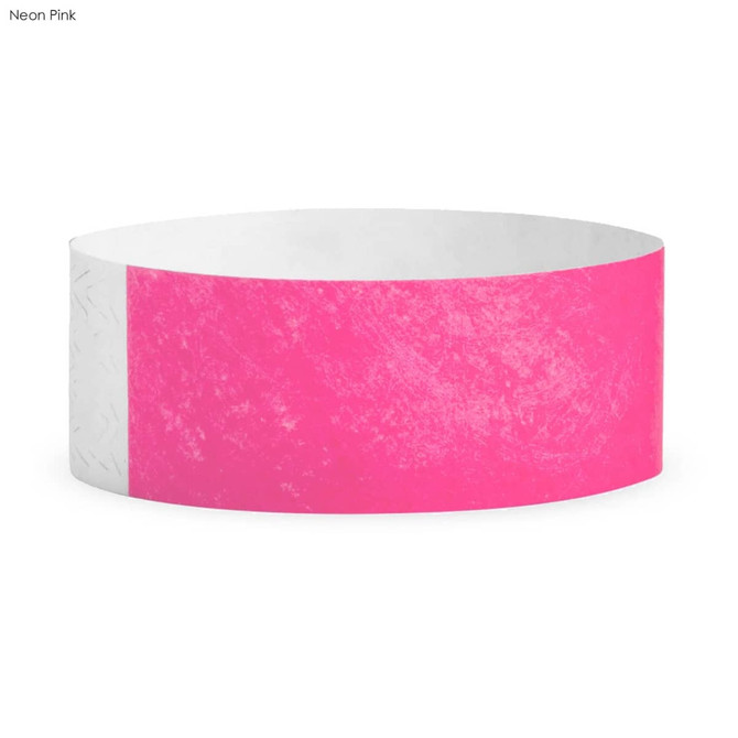 A neon pink Tyvek adult wristband with a textured finish and a white section. Features a logo design.