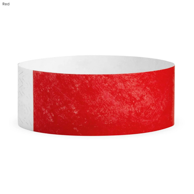 A red Tyvek adult wristband, 25mm wide, featuring a logo. Suitable for events and exhibitions.