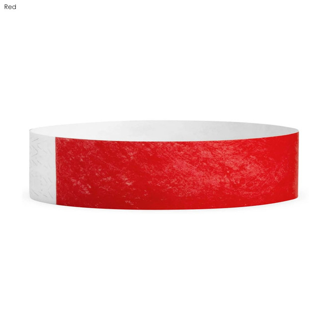A red and white Tyvek wristband, featuring a textured design, suitable for events. It has a simple branded logo.