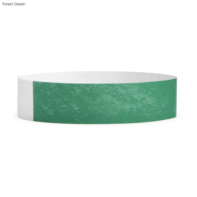 A green Tyvek wristband with a textured finish, featuring a white section. Includes a logo.