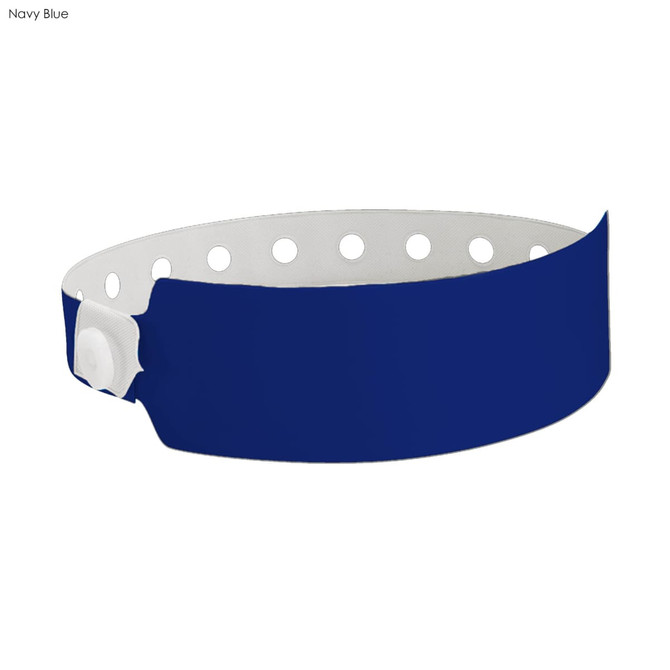 A navy blue vinyl wristband with a white snap closure and multiple holes for adjustment. It features a logo.