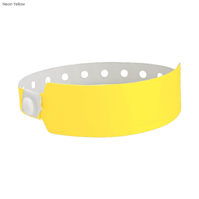 A neon yellow vinyl wristband featuring a snap closure and multiple holes for adjustment. It has a branding logo.
