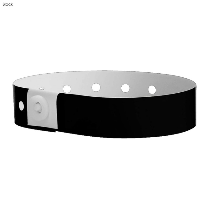 A black vinyl wristband with white fastening and multiple perforations. It features a logo.