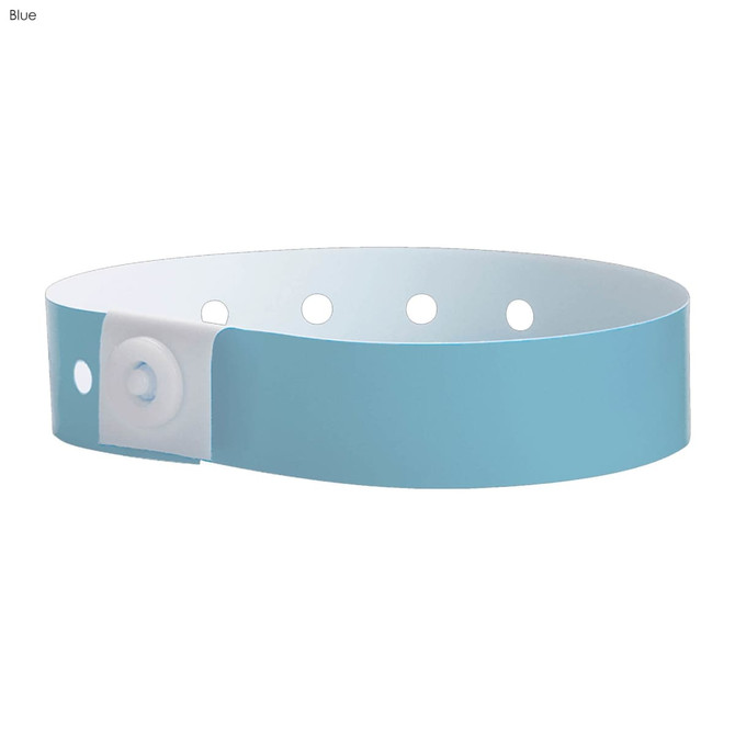 A blue vinyl wristband with a button snap closure and circular holes for adjustment. Features a logo on the band.