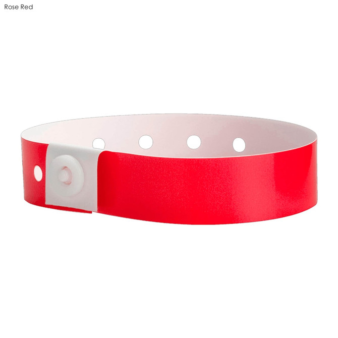 A red vinyl wristband with a white fastening and multiple sizing holes. It features a logo on one side.