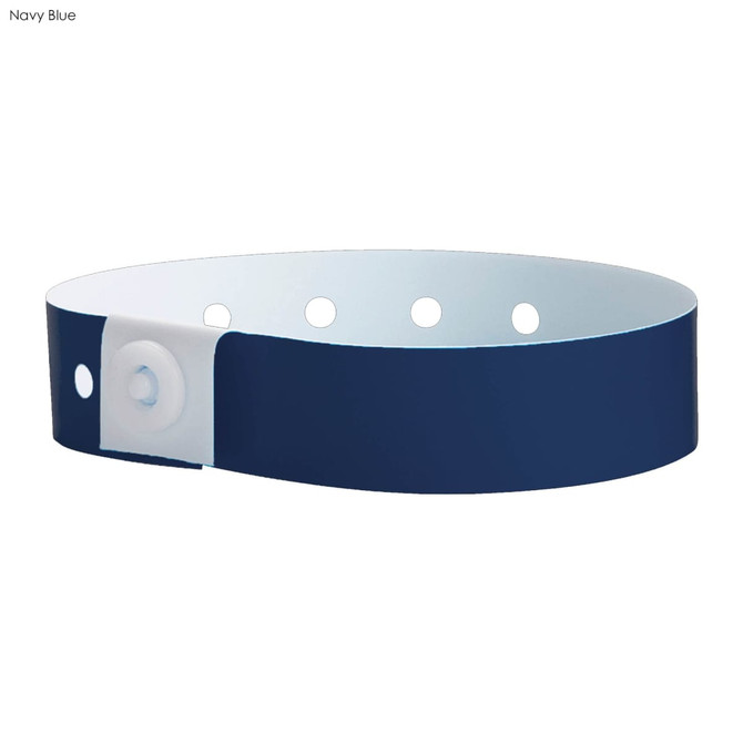 A navy blue vinyl wristband with a white snap closure and multiple holes for adjustment. It features a logo.