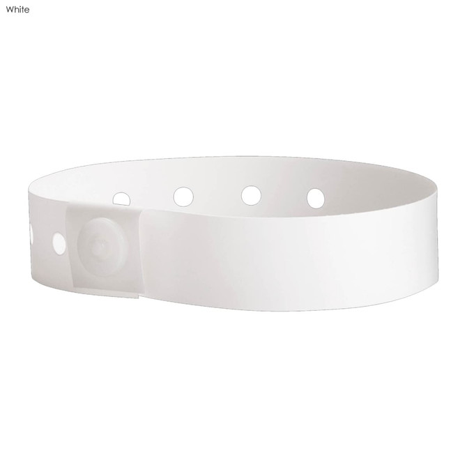 A white vinyl wristband with adjustable holes and a circular fastening, featuring a logo.
