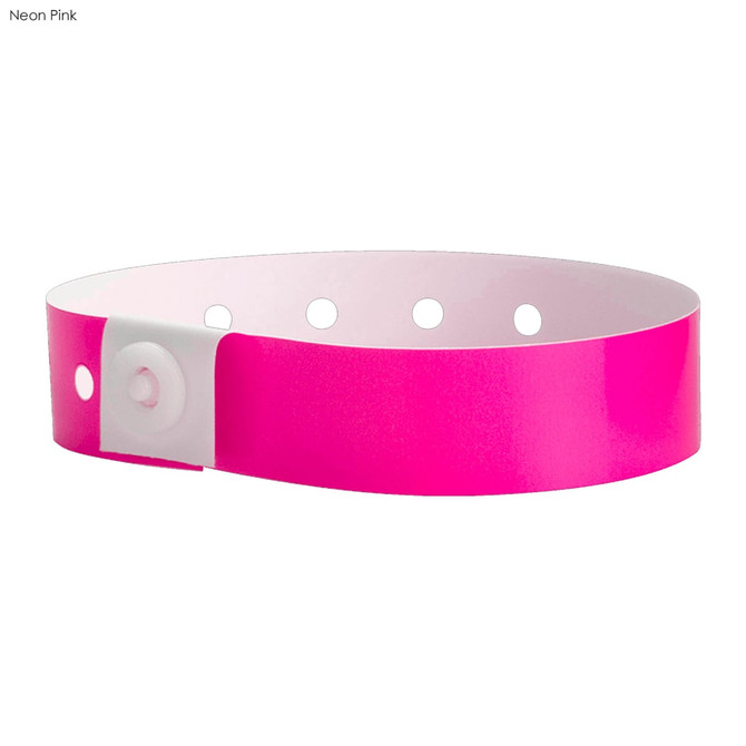 A neon pink vinyl wristband with holes for adjustment and a secure closure. It features a branding logo.